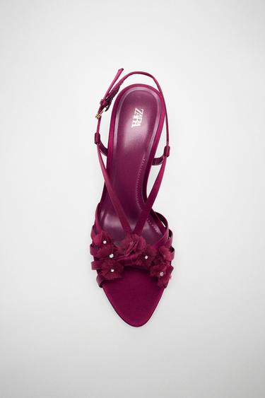 Zara SATIN EFFECT FLORAL HEELED SANDALS - Burgundy Red