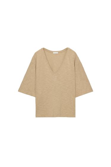 V-NECK T-SHIRT - camel by Zara