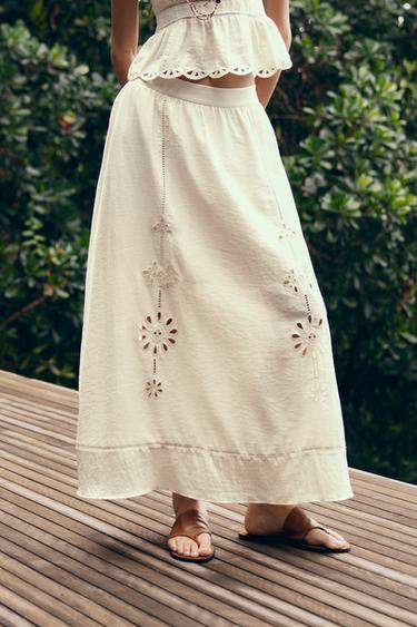 CUTWORK EMBROIDERY MIDI SKIRT - Ecru by Zara - Image 1