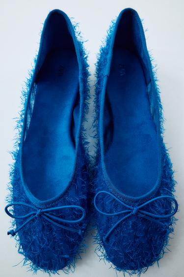 Zara BOW TEXTURED FABRIC BALLET FLATS - Blue