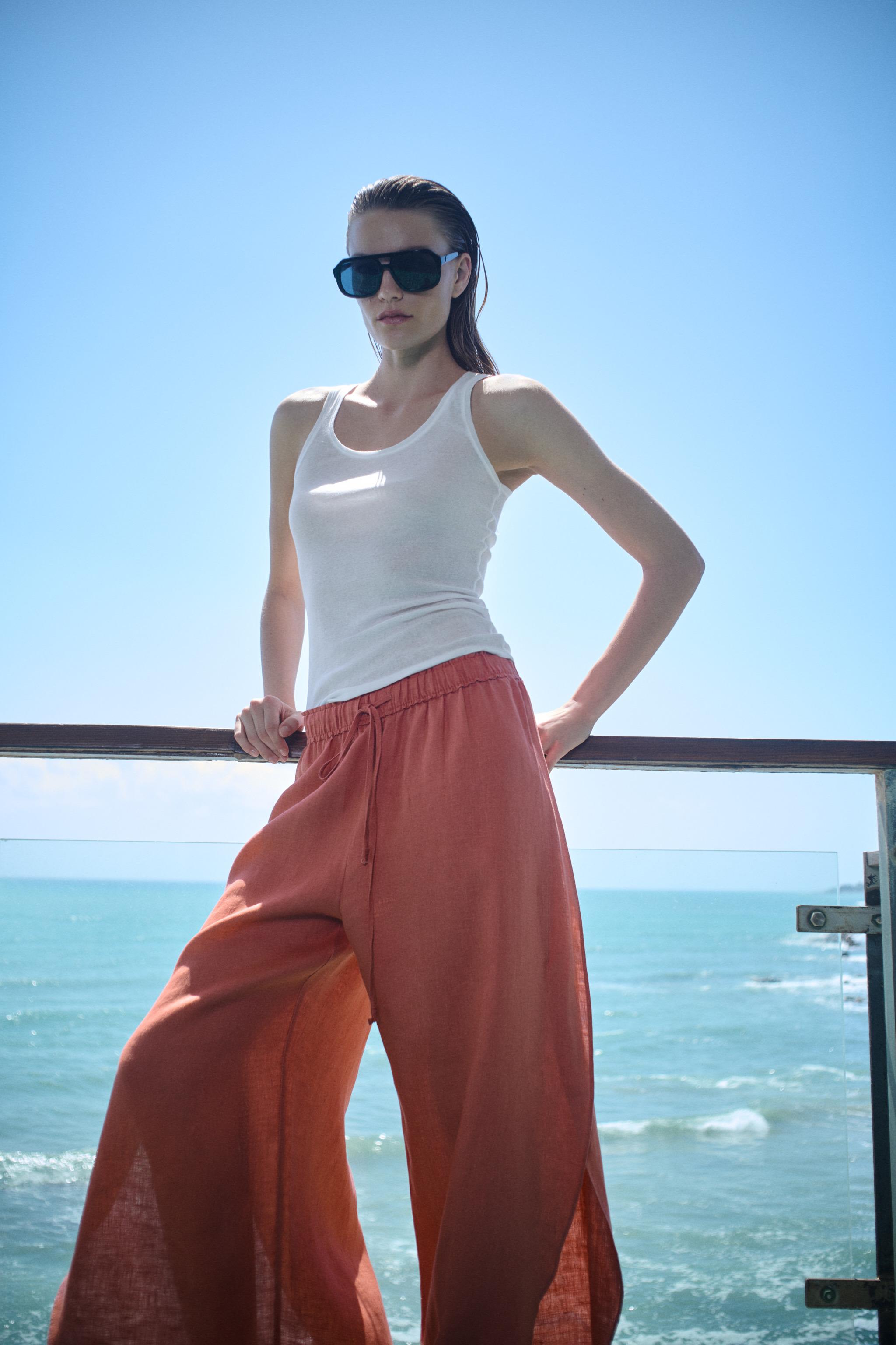 100% LINEN PANTS WITH SIDE VENTS ZW COLLECTION — Coral