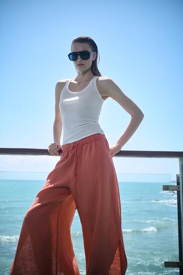 PANTALON 100% LIN OUVERTURES ZW COLLECTION - Corail de Zara