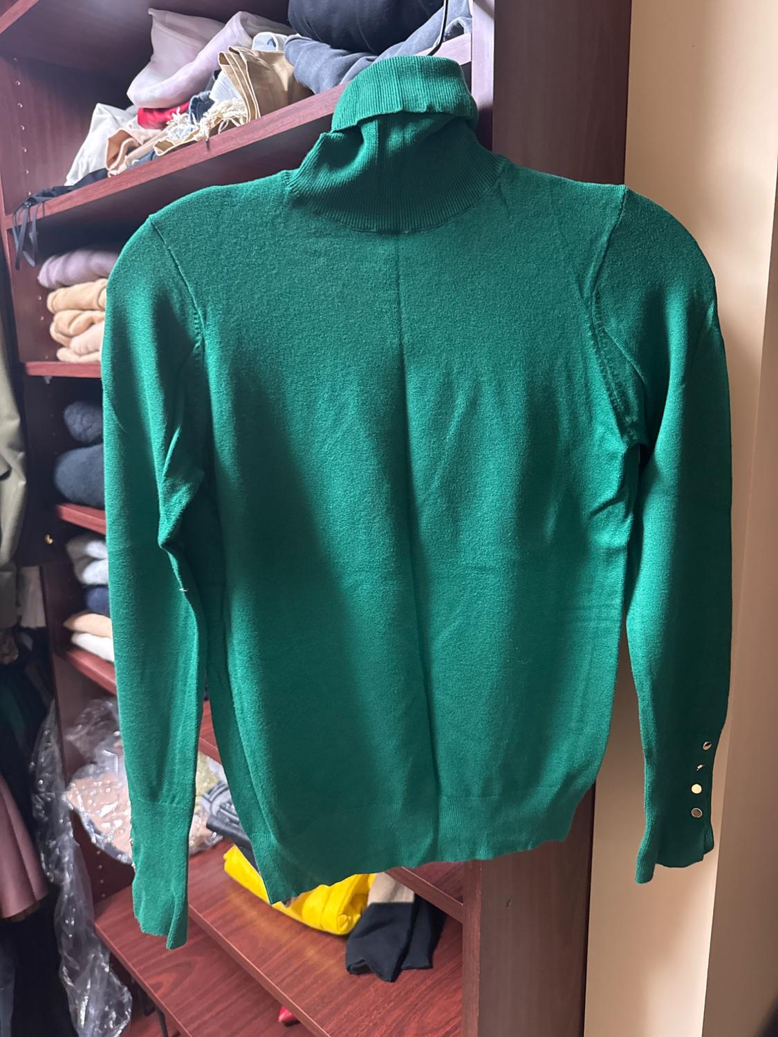 Back view of green jumper with a high neck and buttons on the sleeves.
