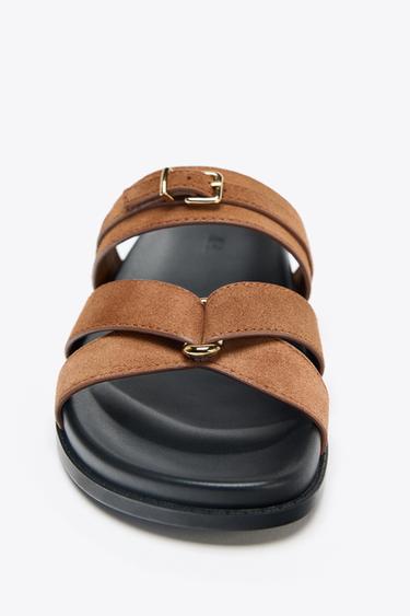 SPLIT SUEDE CROSS STRAP SANDALS - Dark tan by Zara - Image 4