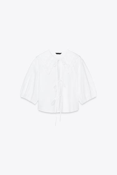 CAMISA DE POPELINA COM GOLA DE BEBÊ - Branco da Zara