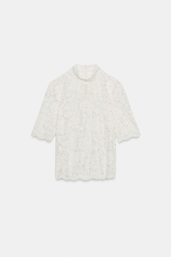 TOP EN DENTELLE À STRASS - Écru de Zara - Image 6