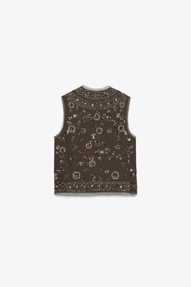 ZW COLLECTION BEADED EMBROIDERED WAISTCOAT - Chocolate brown by Zara - Image 3