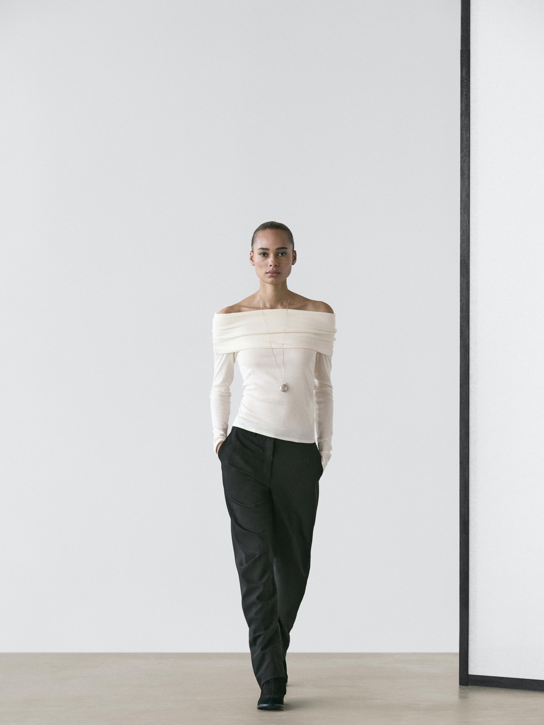 Cotton blend off-the-shoulder T-shirt