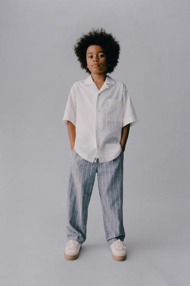 STRIPED LINEN BLEND TROUSERS - Blue by Zara