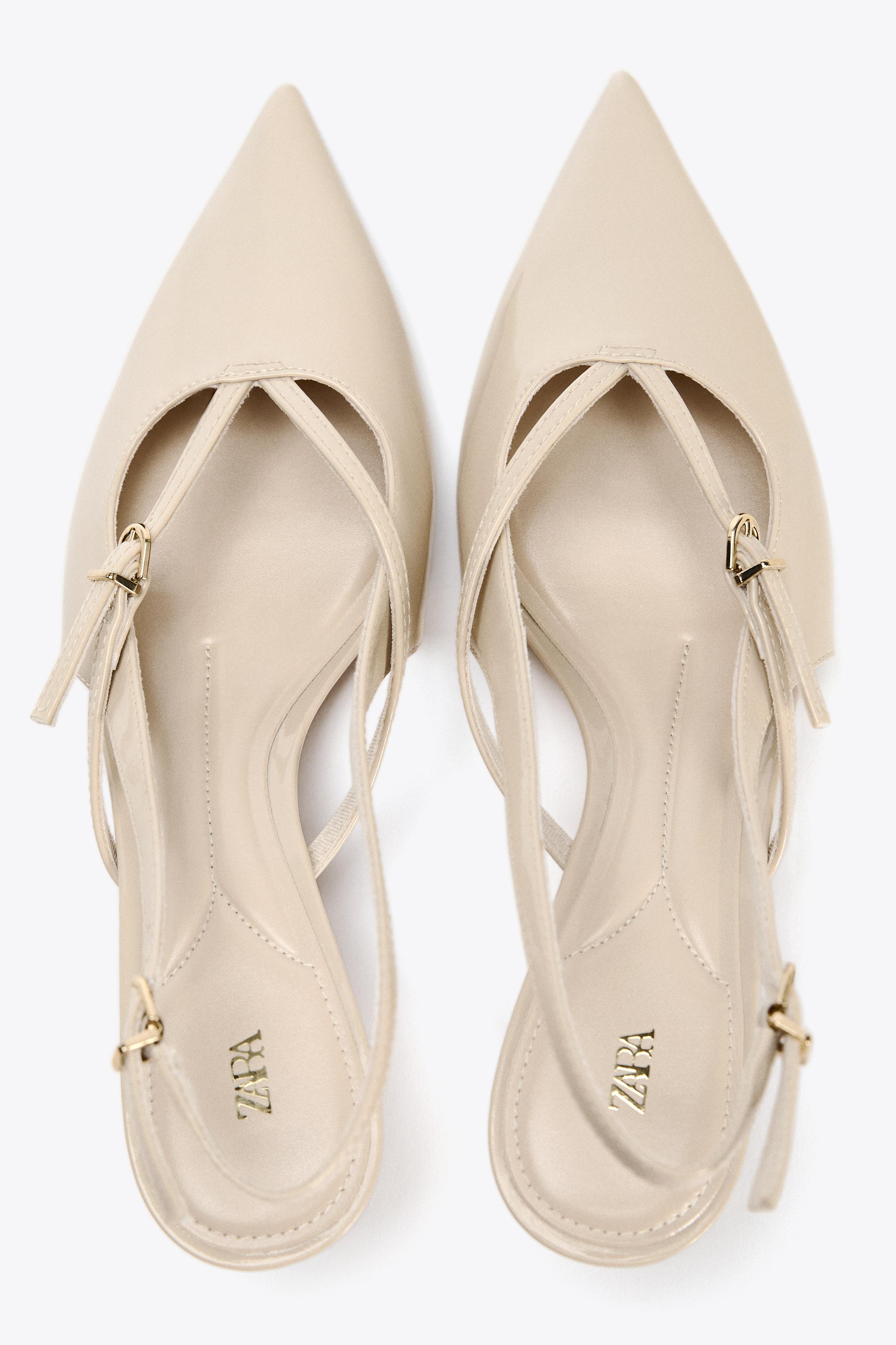 【ZARA】キトンヒール スリングバック シューズ 2240/510/002 エナメル加工 スリングバック キトンヒールシューズ - エクリュ