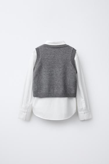 CHEMISE EN POPELINE, GILET EN MAILLE ET LACETS EN VELOURS - Blanc / Gris de Zara - Image 1