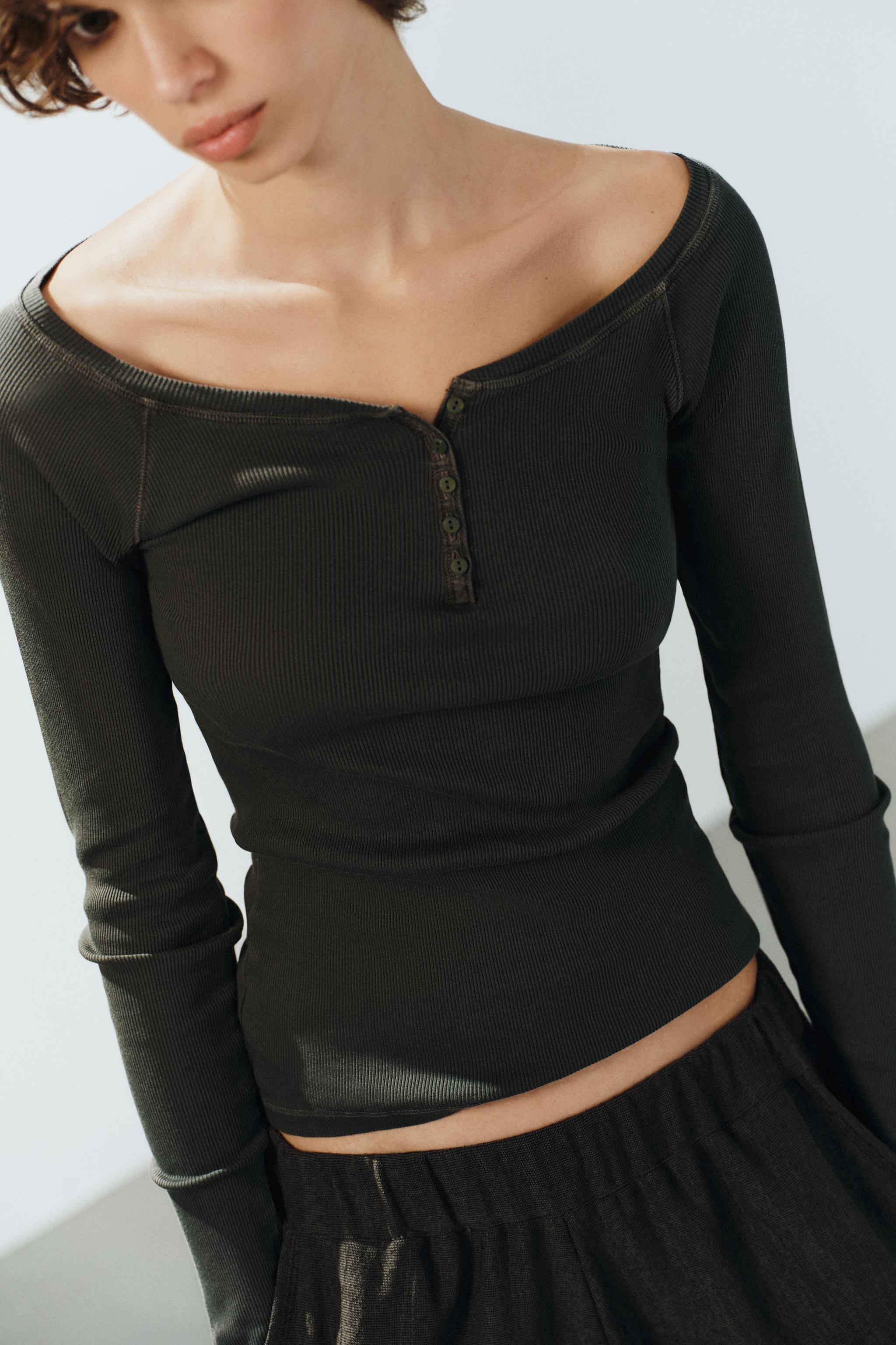 Женские футболки Zara RIBBED HENLEY T-SHIRT — фото 2