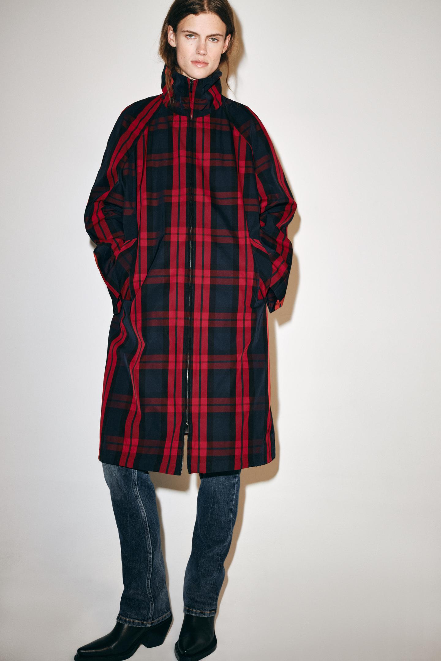 Женское пальто Zara ZW Collection MIDI Plaid Trench, цвет: Красный / Тёмно-синий