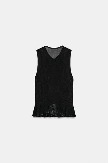 ROMANTIC POINTELLE KNIT TOP WITH RUFFLES - Black by Zara - Image 6