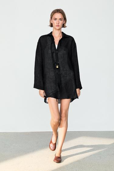 Zara Striped linen blend oversize blouse with button detail - Black - Image 0