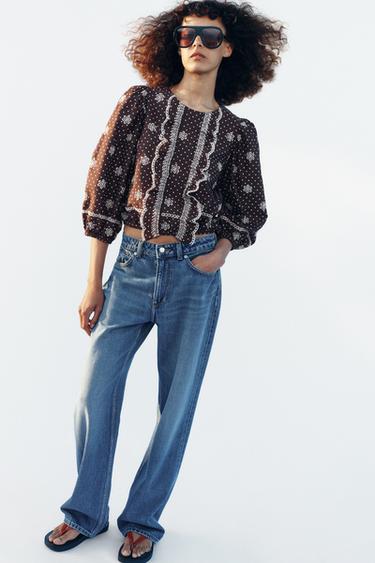 POLKA DOT BLOUSE WITH CUTWORK EMBROIDERY - Brown by Zara