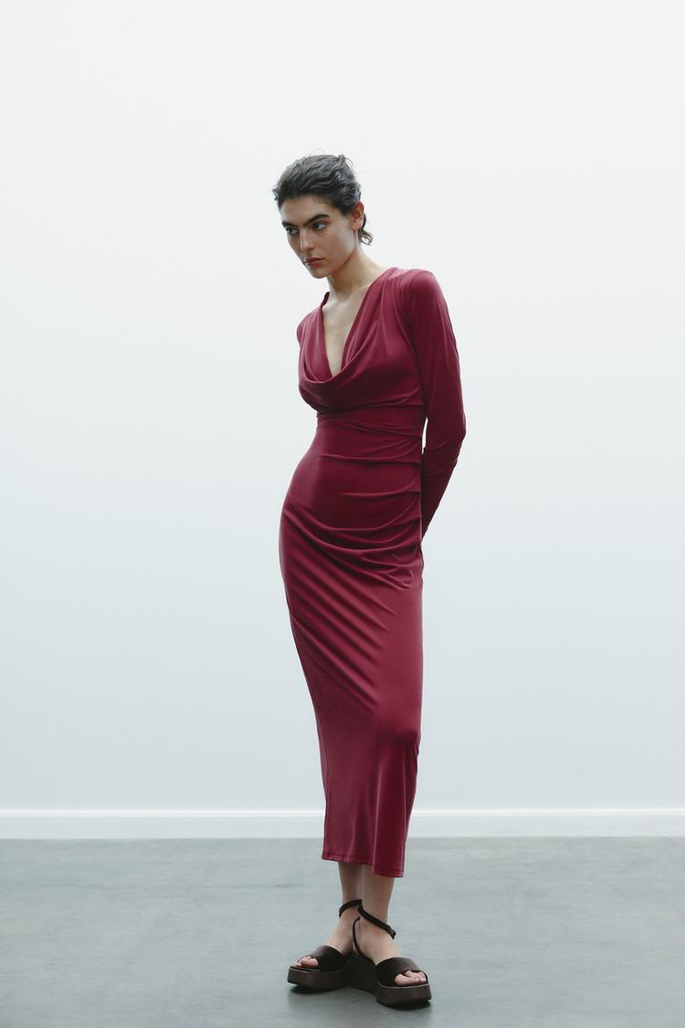 Midi Dresses Red And Black Zara Dress DRAPED NECKLINE MIDI DRESS