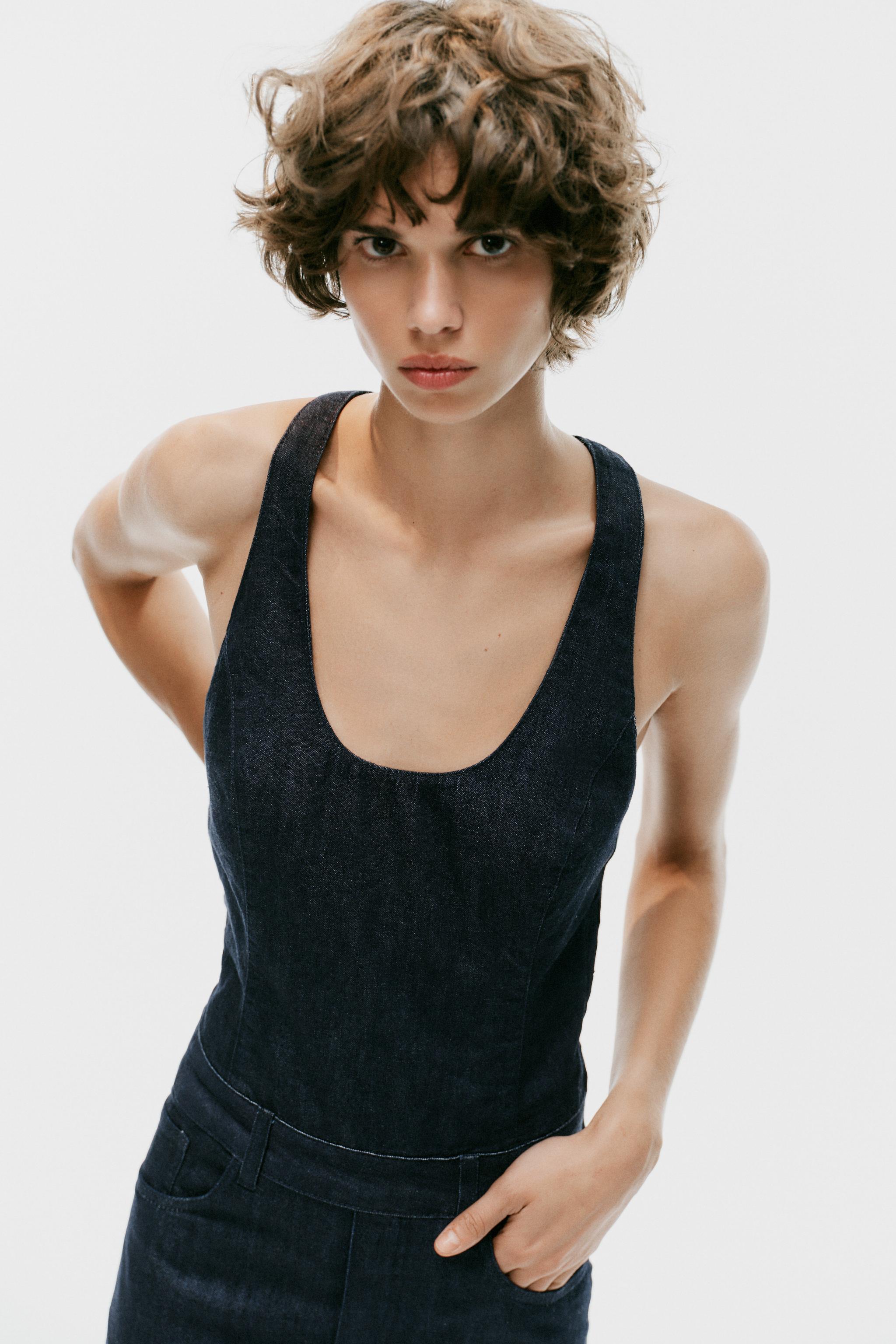 Zara CROSSOVER STRAP DENIM-EFFECT LONG JUMPSUIT — фото 3