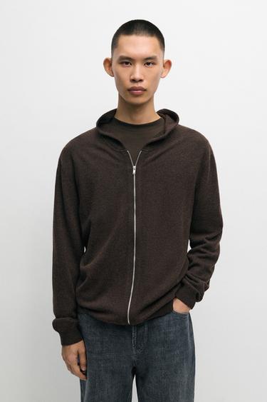 Wool-blend knit hooded cardigan — Brown marl 2