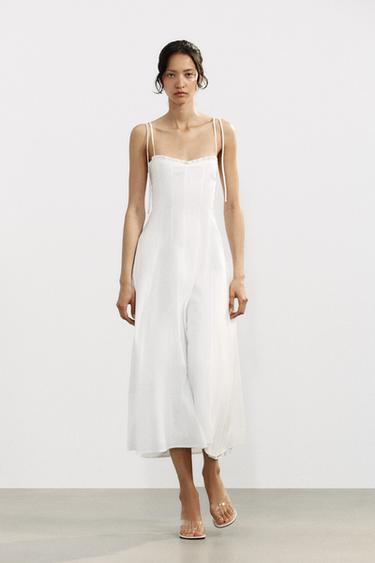 VESTIDO MIDI POPELÍN VOLANTES - Blanco de Zara