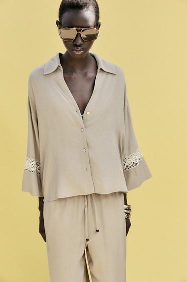Zara EMBROIDERED SLEEVE SHIRT - Sand