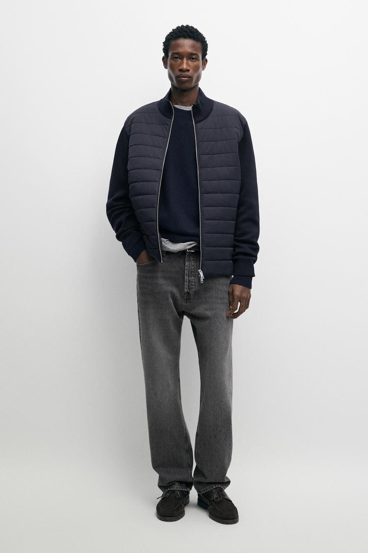 Blended fabric stand-collar cardigan — Navy blue