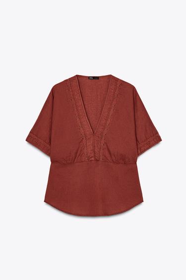 LACE TRIM LINEN BLEND TOP - Terracotta by Zara - Image 5