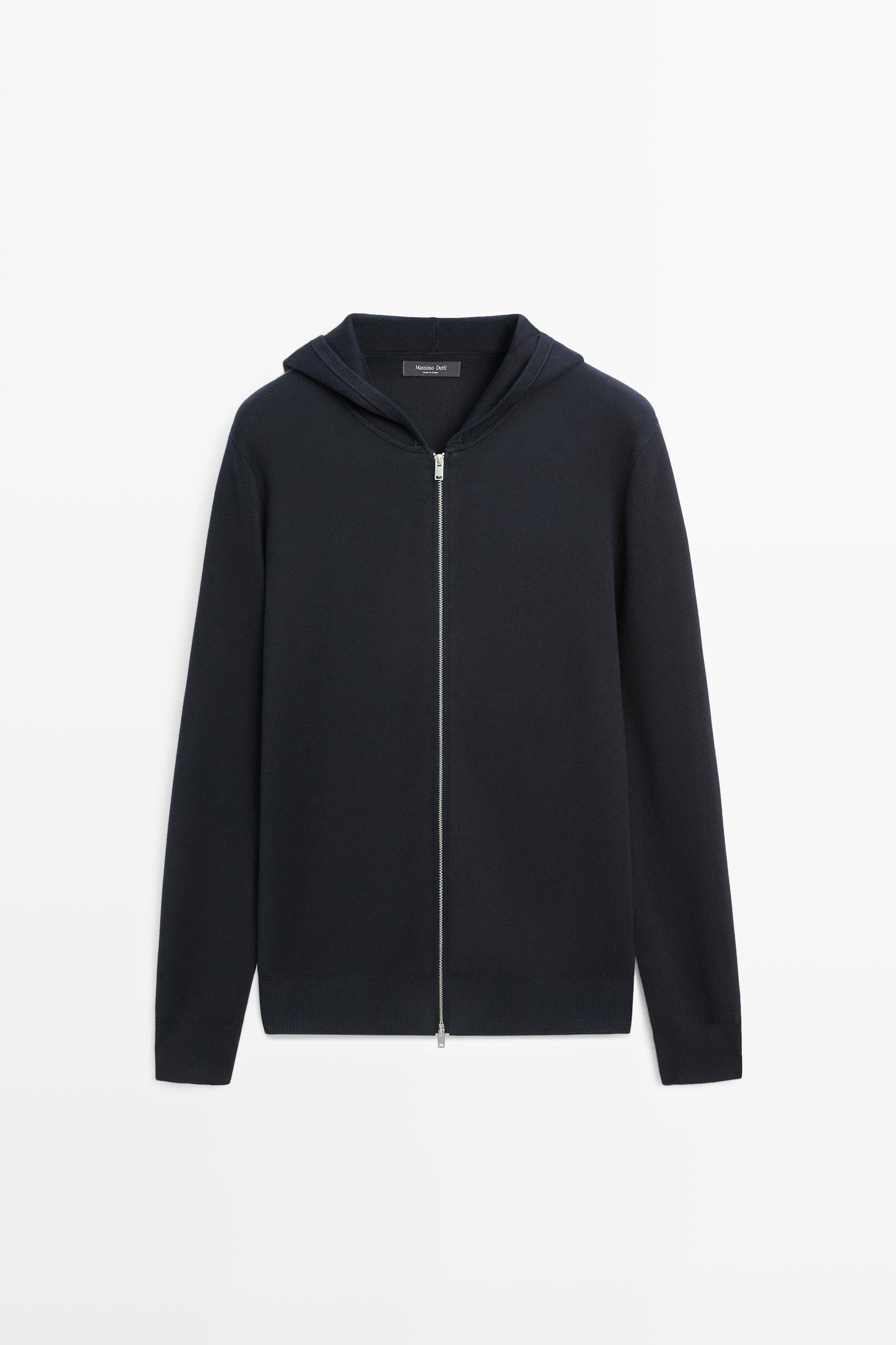 100% cotton hooded knit cardigan — Navy blue
