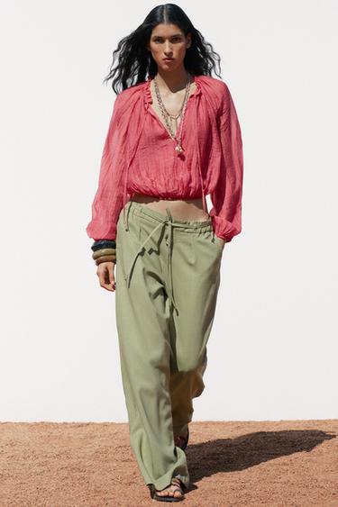 PANTALÓN ANCHO CON LINO CINTURÓN - Oliva de Zara