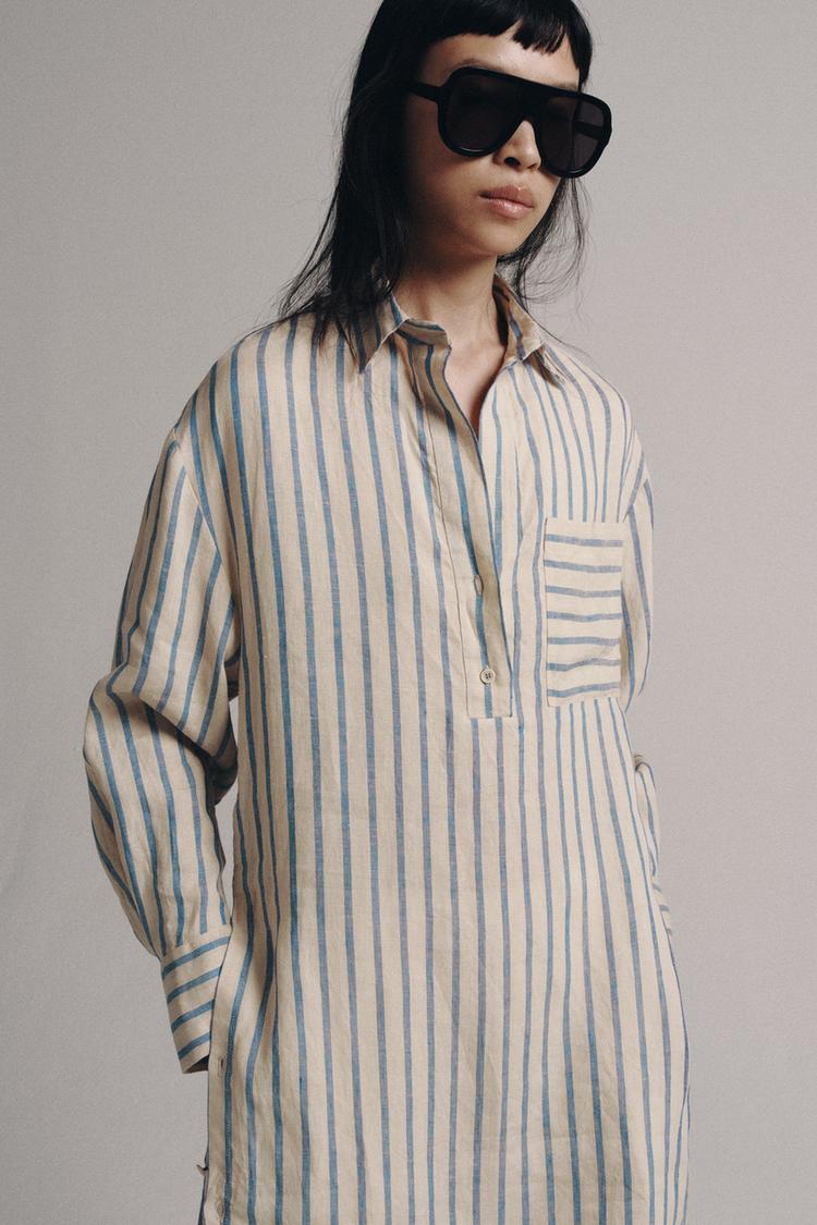 Vestido camisero a rayas de 100% lino de la colección ZW 2