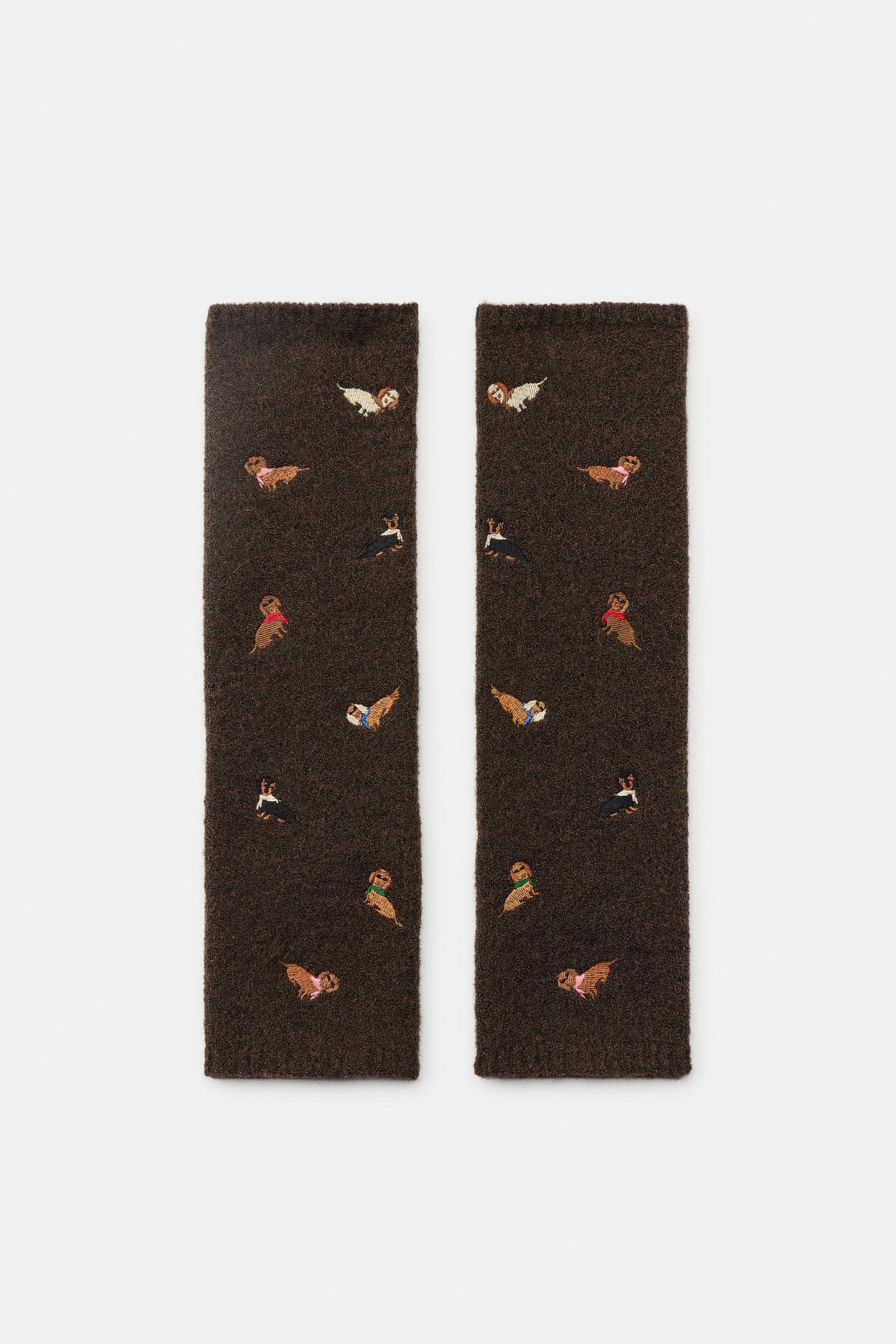 Женские перчатки Zara Dog Embroidered Mittens, цвет: Коричневый — фото 5