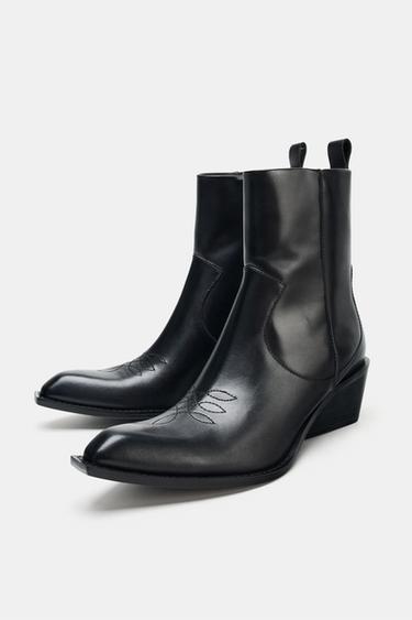 LEATHER COWBOY ANKLE BOOTS WITH TOPSTITCHING - Black by Zara