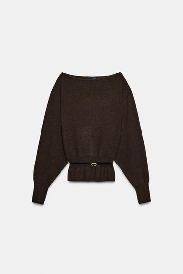 PLAIN KNIT JUMPER WITH BELT - Chocolate by Zara