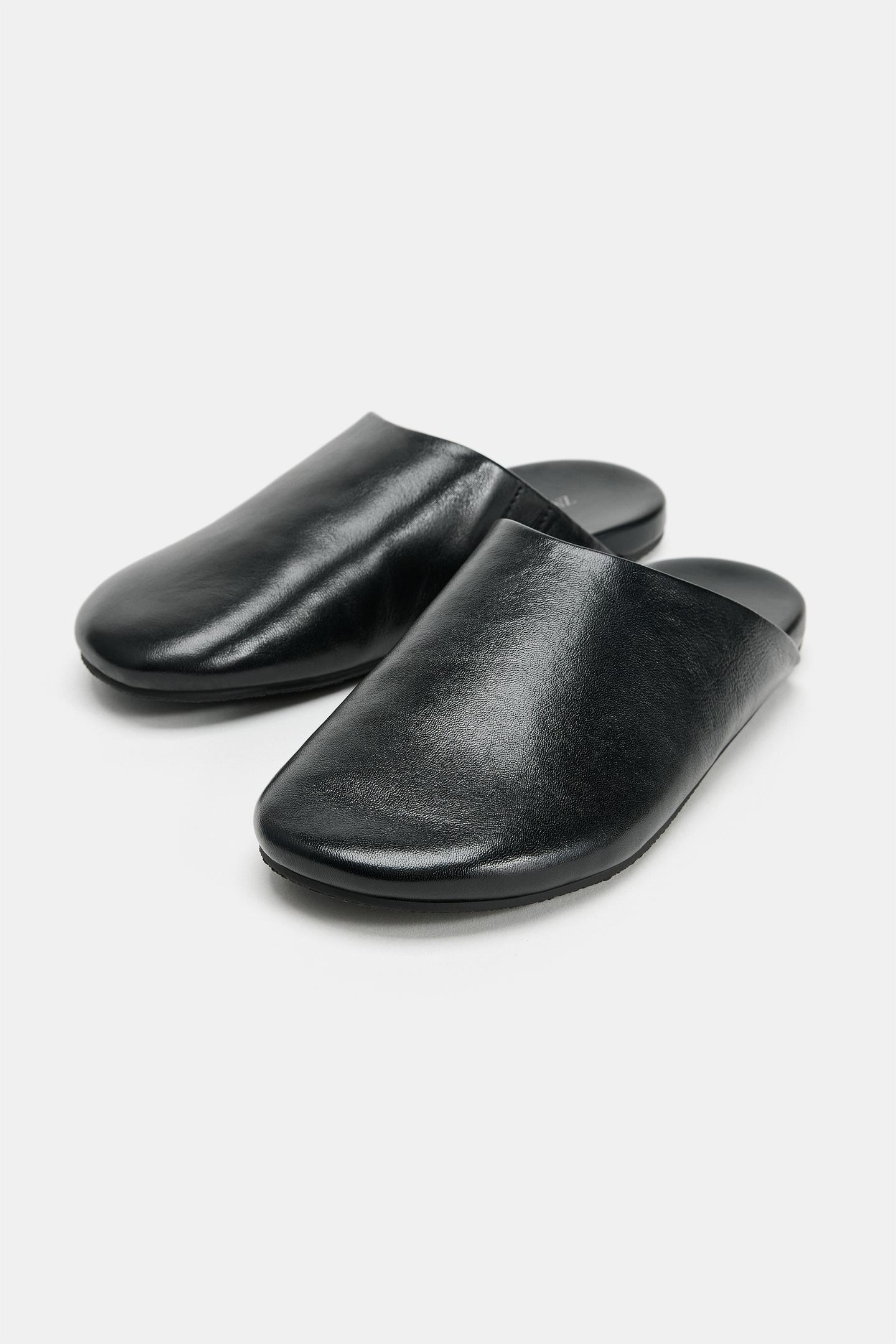 Женские сабо Zara Leather Flat Mules, цвет: Чёрный — фото 2
