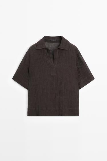 Zara Flowing linen blend polo blouse - Brown