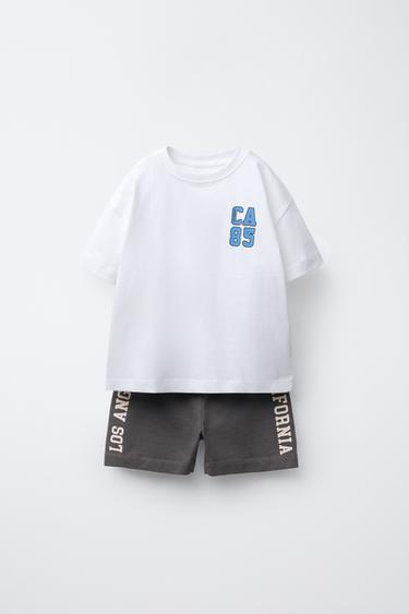 CONJUNTO COMPLETO T-SHIRT E BERMUDAS DE JOGGING COM TEXTO - 215 da Zara - Imagem 0
