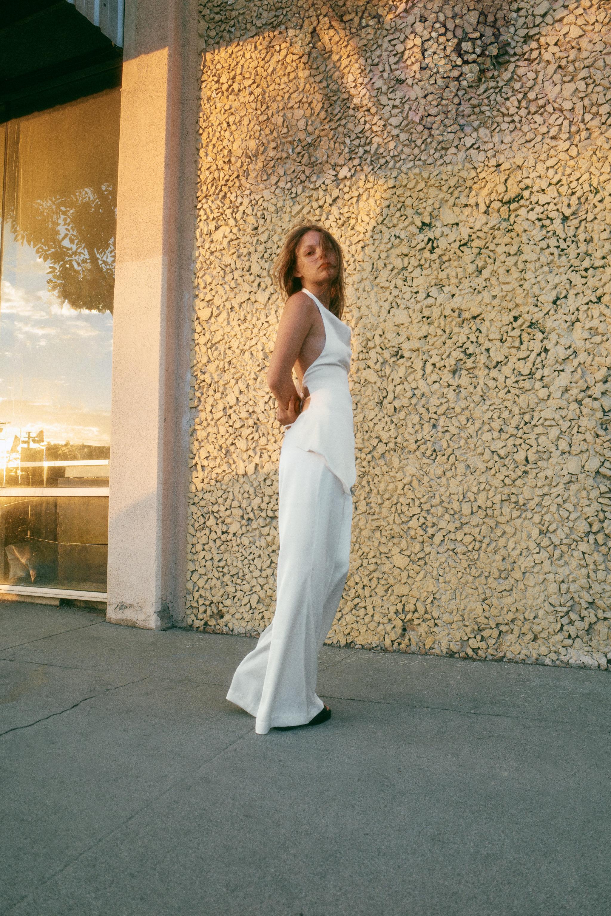 ASYMMETRIC DRAPED HALTER TOP — Oyster-white