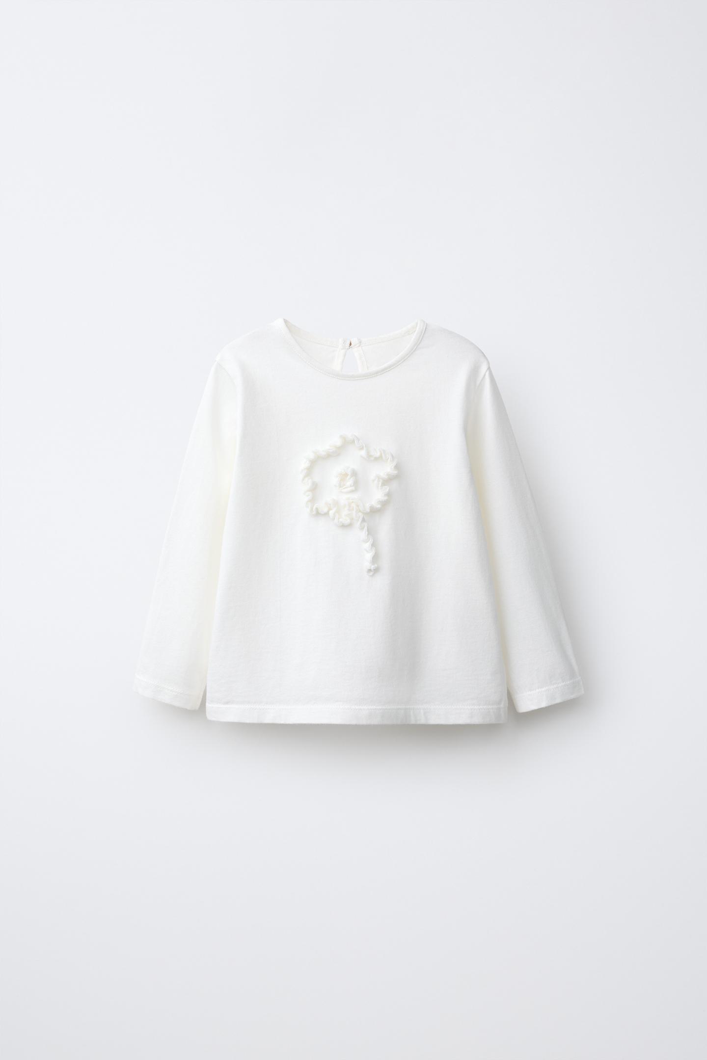 Детская футболка Zara Floral AppliquÉ T-SHIRT, цвет: Светлый экрю — фото 1