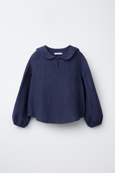 SKJORTE MED FLÆSEKRAVE I 100% HØR - blå fra Zara