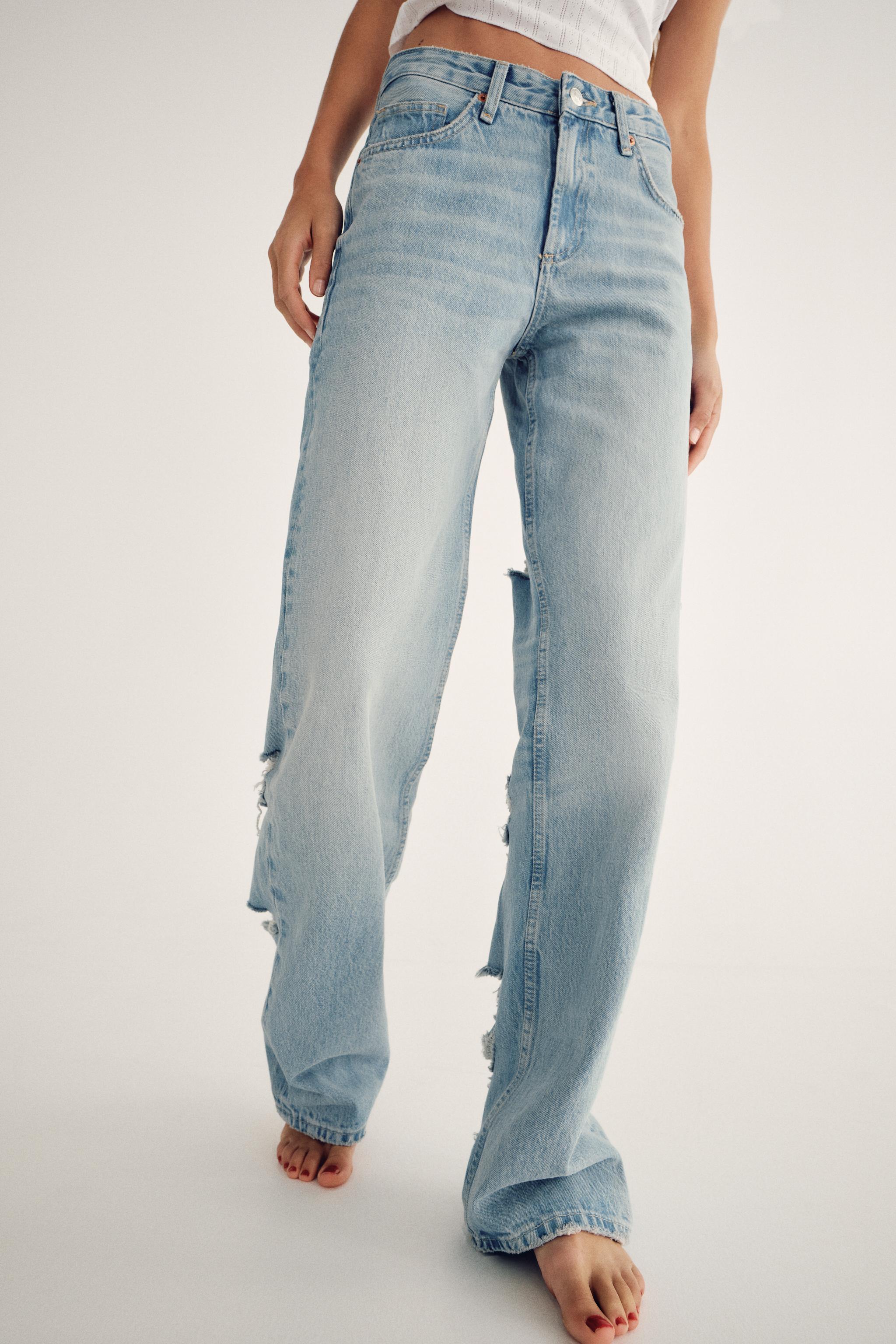 RIPPED MID RISE WIDE LEG TRF JEANS