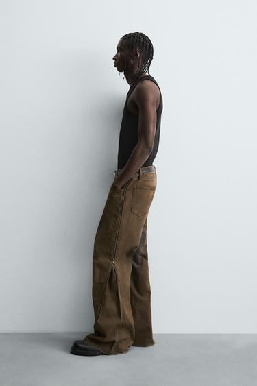FLARE FIT JEANS WITH ZIPS - Brown by Zara - Image 3