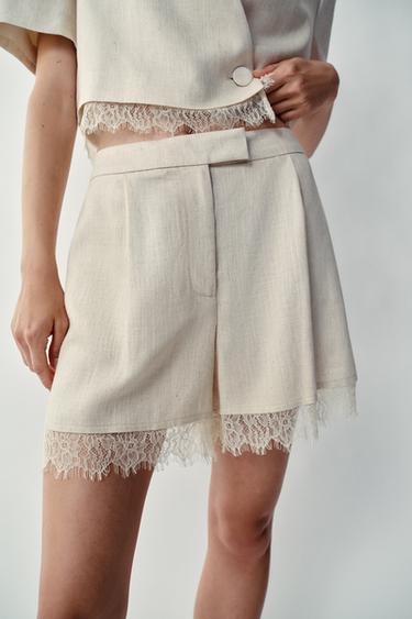 BERMUDA SHORTS WITH LACE TRIM - Light beige by Zara