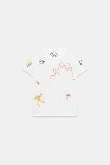 EMBROIDERED CONTRAST T-SHIRT - Oyster-white by Zara