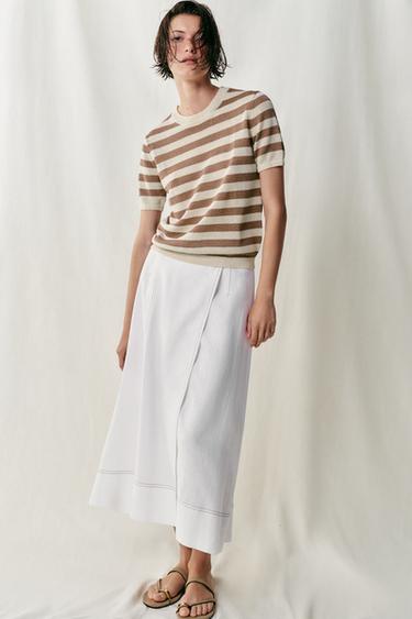 SHORT SLEEVE KNIT TOP - Ecru / Brown by Zara