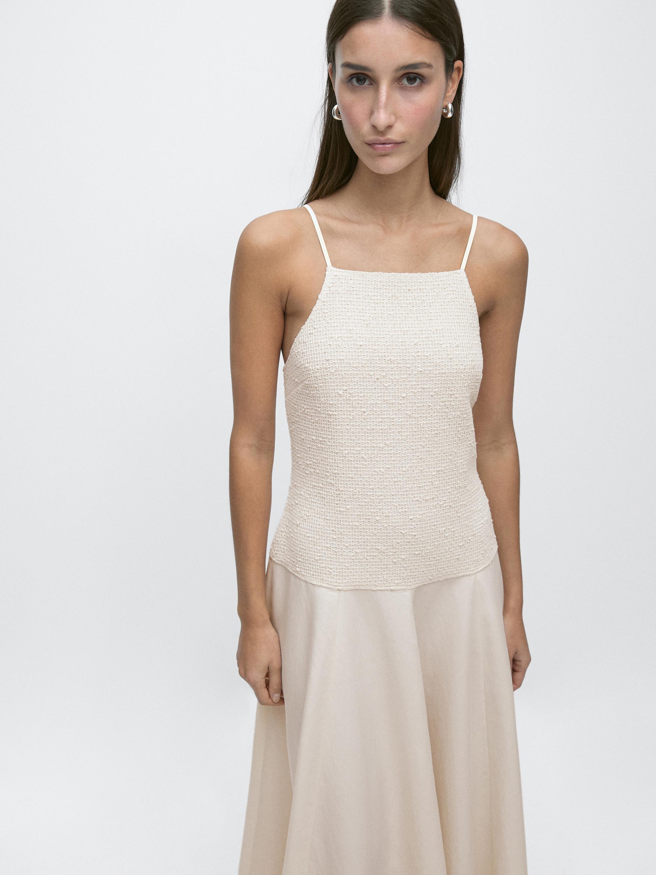 Long contrast dress — Ecru
