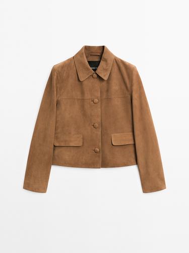 Zara Suede leather jacket with lined buttons - Brown / White - Image 0