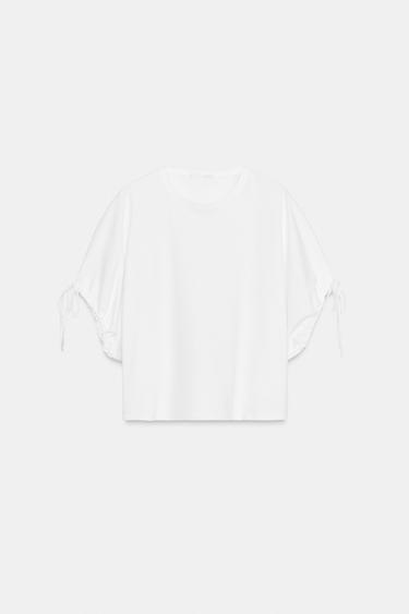 COTTON T-SHIRT WITH TIES - White by Zara - Image 4