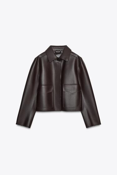 Zara SHORT FAUX LEATHER JACKET - Burgundy - Image 0