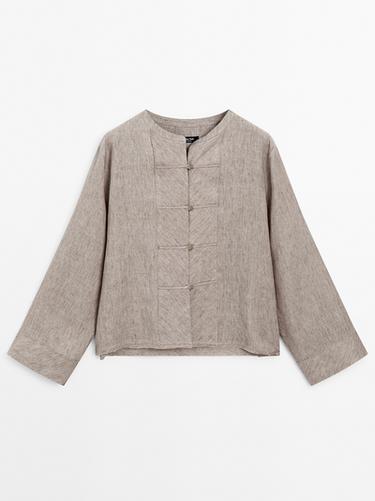 Zara 100% linen melange stand collar blouse - Black gold - Image 0