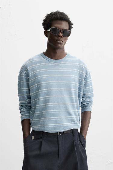 Zara 100% LINEN STRIPED SWEATER - Sky blue